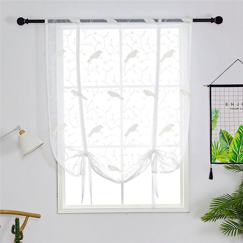 1 pcs Rod Pocket Roman Curtain for Kitchen Door Corridor Birds Embroidered White Tulle Small Bay Window Lifting Curtain WP004D3 ► Photo 1/6