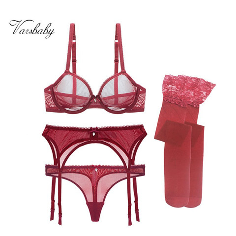Varsbaby sexy ultra-thin transparent yarn lingerie set bras+garters+thongs+stockings 4 pcs for young women ► Photo 1/6