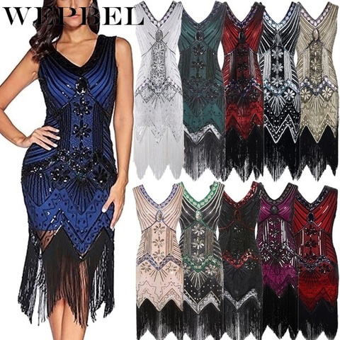 WEPBEL Women Vintage Dress 1920s Great Gatsby Dress Sequin Flapper Dress Prom Tassel Hem Dress ► Photo 1/6