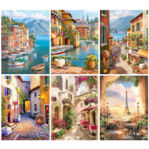 Gatyztory Paint By Numbers For Adults Children Seaside Town DIY HandPainted Oil Painting Landscape Picture Home Wall Decor Gift ► Photo 1/6