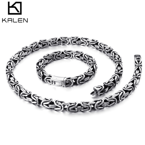 KALEN Stainless Steel 60cm Byzantine Chain Necklace & Bracelet Set Men Punk Heavy Chunky Statement Choker Bangle Jewelry Sets ► Photo 1/6