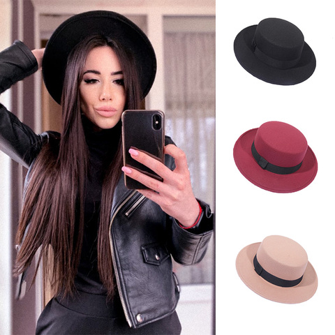 Spring Autumn Wool Boater Flat Top Hat For Women's Felt Wide Brim Fedora Hat Jazz Cap Classic Bowler Gambler Top Hat ► Photo 1/6