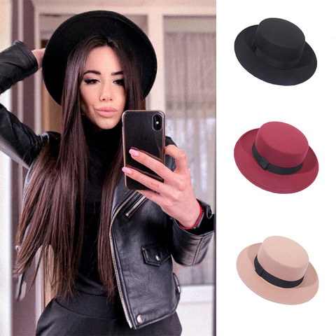 Spring Autumn Wool Boater Flat Top Hat For Women's Felt Wide Brim Fedora Hat Jazz Cap Classic Bowler Gambler Top Hat ► Photo 1/6