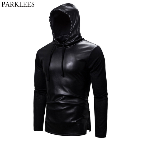 Black Pu Leather Patchwork Hoodie Men 2022 Fashion Split Hem Hoodies Sweatshirts Mens Hip Hop Casual Streetwear Sudadera Hombre ► Photo 1/6