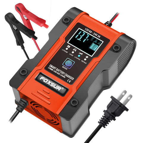 FOXSUR 6A Fully-Automatic Smart Charger, 12V 24V Battery Charger, Battery Maintainer, Battery Desulfator AGM GEL WET Lithium ► Photo 1/6