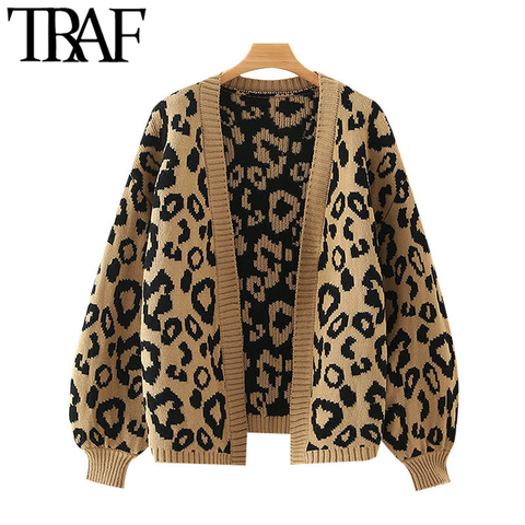 TRAF Women Fashion Leopard Pattern Loose Knitted Cardigan Sweater Vintage Lantern Sleeve Female Outerwear Chic Tops ► Photo 1/6