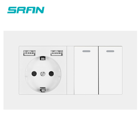 SRAN EU socket with rocker switch，220v 16A wall power socket with usb 146*86 pc panel with light switch 2gang 1/2way ► Photo 1/6