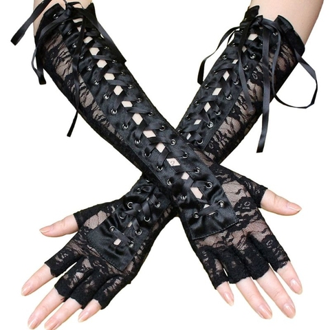 Women Sexy Lace Elbow Length Half-Finger Gloves Black String Ribbon Ties Up Dance Party Fingerless Fishnet Mesh Mittens ► Photo 1/6