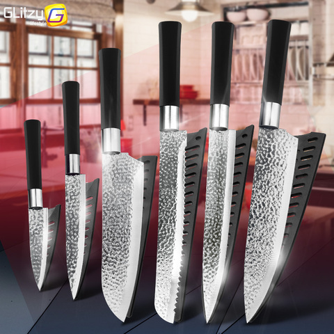 Kitchen Knife 3.5'' 5'' 7'' 8'' Chef 5Cr15Mov Stainless Steel Hamered Blade 6 Pieces Set Bread Slicer Utility Santoku Knives ► Photo 1/6