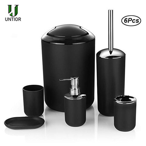 UNTIOR 6 Pcs Plastic Bathroom Accessories Set Toothbrush Holder Toothbrush Cup Soap Dispenser Soap Dish Toilet Brush Trash Can ► Photo 1/6