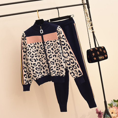 Autumn Winter New Tracksuit Women Leopard Print Zipper Cardigans Pants 2pcs Fashion Hit Color Slim Jumper Trousers Set ► Photo 1/6