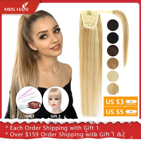 MRSHAIR Ponytail Human Hair Remy Hair Extensions Brazilian Hair Extensions Clip Ins Natural Blonde Brown Color 14 18 22 Inch ► Photo 1/6