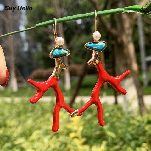 SAY HELLO Boho Green Turquoises Coral Stone Pearl Dangle Earrings for Women Original Handmade Metal Earrings Gifts Brinco E0124 ► Photo 1/6