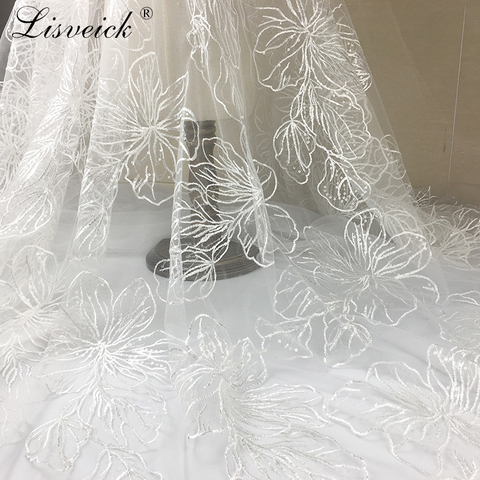 1yard white flowers hollow Net yarn fabric Sequin embroidery lace mesh fabric wedding dress skirt cloth DIY garment accessories ► Photo 1/5