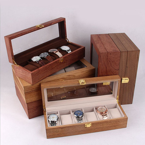 Wooden Watch Box Case Organizer Display for Men Women, 6 Slots Wood Box with Clear Glass Top, Vintage Style ► Photo 1/6