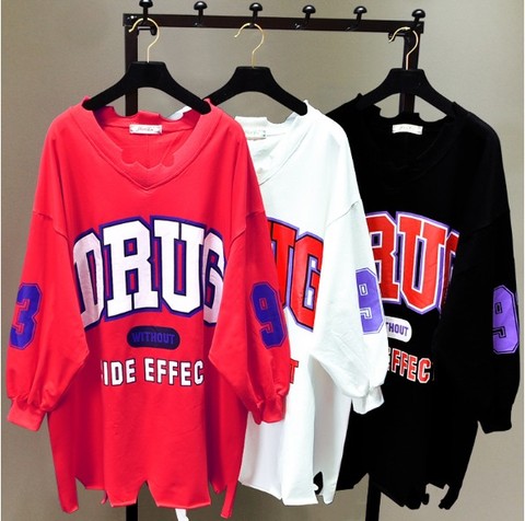 2022 New Spring Clothes Women V-neck Loose Sweatshirt Medium Length Students Letter Print Long Sleeve Shirts Hoodies ► Photo 1/6