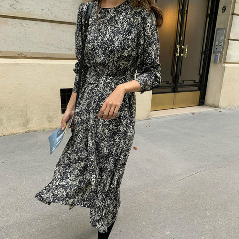 Women Summer Vintage Black and White Flower Long Rayon Dress Bodycon Sashes Long Sleeve Split Midi Sundress ► Photo 1/5