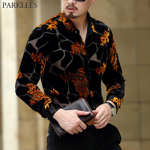 Buy Online Gold Floral Embroidery Men Lace Shirt 2018 Luxury Brand Mens Dress Shirt Transparent Sexy Male High Quality Shirt Camisa Social Alitools