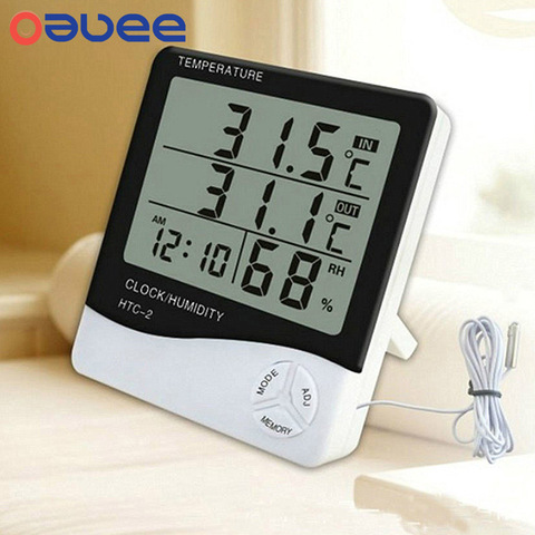Oauee LCD Electronic Digital Temperature Humidity Meter Indoor Outdoor Thermometer Hygrometer Weather Station Clock HTC-1 HTC-2 ► Photo 1/6