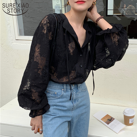 2022 Women Blouse with Lace Lantern Long Sleeve Transparent Blouse Loose Sexy Cardigan Lace Shirt Spring Black Lace Top 10202 ► Photo 1/6