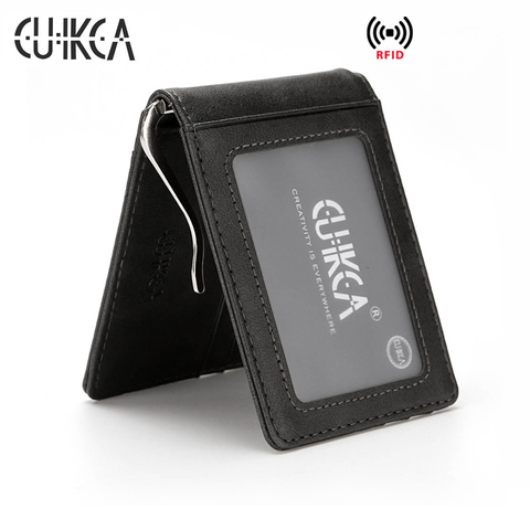 CUIKCA Unisex Rfid Wallet Purse Money Clip Women Men Metal Clip Slim Leather Wallet Business ID Credit Card Cases Travel Wallet ► Photo 1/6