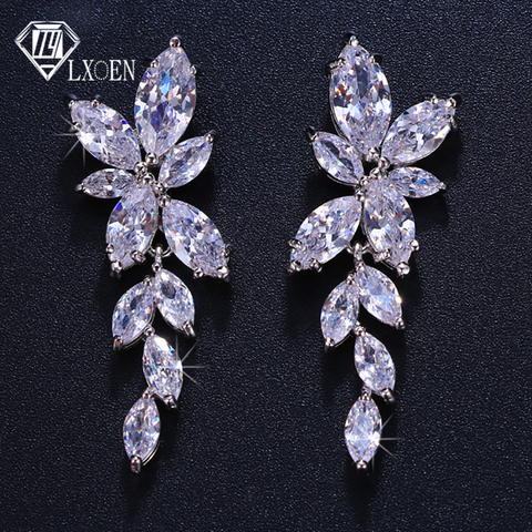 LXOEN Marquise Cut Flower Zirconia Crystal Long Drop Earrings for Women Shiny Leaf CZ Stone Bridal Wedding Jewelry ► Photo 1/6