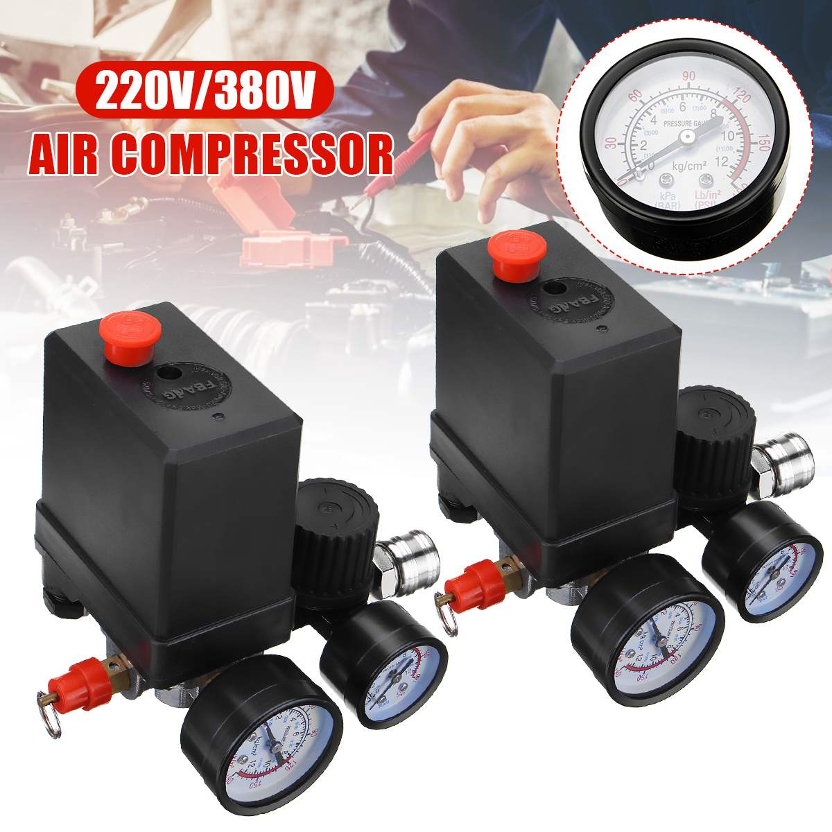 Efficient 240V/380V 4 Port Regulator Duty Air Compressor Pump Pressure Control Switch Air Pump Control Valve 0-180PSI With Gauge ► Photo 1/6