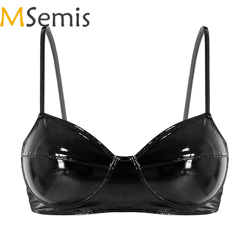 MSemis Black Womens Lingerie Fashion Wetlook Faux Leather Bra Sexy Wire-free No Pad Bra Top for Women for Raves Dances Clubwear ► Photo 1/6