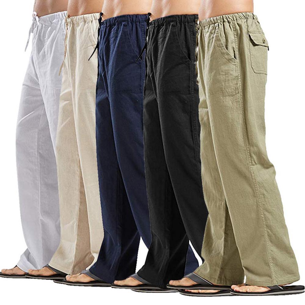 100%Cotton Men's Casual Breathable Loose Pants Elastic Waist Straight Trousers 