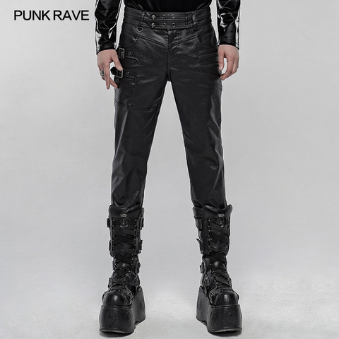 PUNK RAVE Men's Punk Imitation Leather Handsome Pants Daily Casual Zipper Bag Decoration Men Fashion Pencil Trousers Street Wear ► Photo 1/6