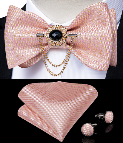 Pink Plaid Solid Men's Self Tie Bow Tie Silk Jacquard Woven Wedding Party Bowtie Hanky Brooch Set Men Butterfly Necktie DiBanGu ► Photo 1/6