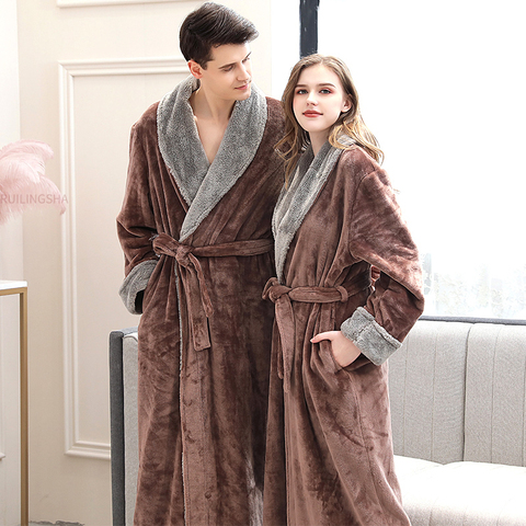 Women Winter Plus Size Long Flannel Bathrobe Kimono Warm Pink Bath Robe Night Fur Robes Bridesmaid Dressing Gown Men Sleepwear ► Photo 1/6