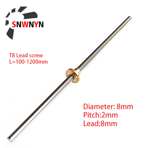 OD 8mm T8 Lead Screw Pitch 2mm Lead 8mm 150mm 200mm 300mm 350mm 400 500 600 800 1000mm 1200mm With Brass Nut For CNC 3D Printer ► Photo 1/6