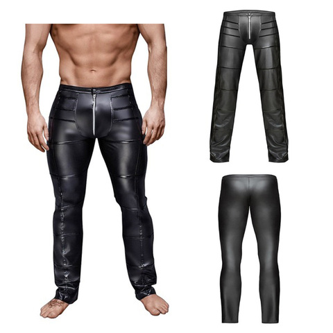 Mens Trousers PU Leather Zipper Open Crotch Pencil Pants Wetlook Broek Fitness Motorcycle Streetwear Gay Latex Lingerie Leggings ► Photo 1/6