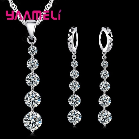 Long Drop Earrings Pendants Necklaces Set For Wedding Jewelry Women 925 Sterling Silver Crystal Wedding Jewellery Sets ► Photo 1/3