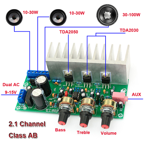 2*15W+30W TDA2030 TDA2050 2.1 Channels Power Amplifiers Audio Tone Control Equalizer Power Amplifier Board Stereo Amp ► Photo 1/6