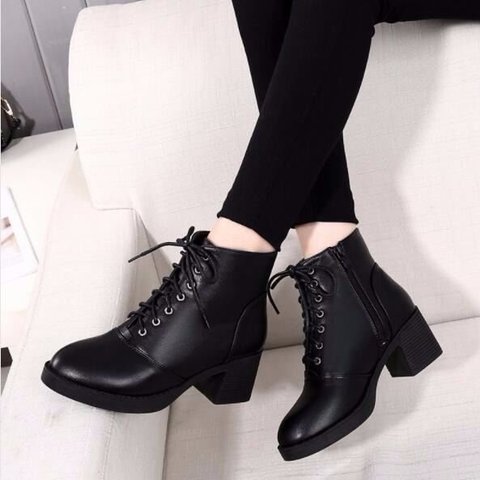 New Women Boots Ankle PU Leather Lace Up Booties High Heels Autumn Shoes Black Winter Boots Add Velvet Keep Warm Pointed Toe ► Photo 1/6