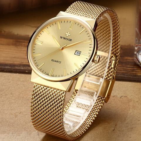 WWOOR Men Simple Slim Watches Man Luxury Brand Gold Steel Mesh Ultra Thin Waterproof Wrist Watch Mens Golden Clock With Box Pack ► Photo 1/6