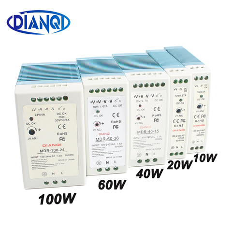 High Quality DinRail Power Supply Switch 10W 20W 40W 60W 100W Output 5V 12V 15V 24V 36V 48V Switching MDR-60 MDR-40  ► Photo 1/6