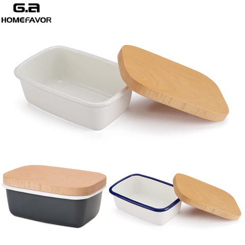 Butter Box Dishes Enamel Butter Container Plates Tray With Wooden Lid Cover Black High Quality White Storage Box High Quality ► Photo 1/6