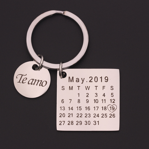 Personalized Custom Calendar Keychain Stainless Steel Key Chain Key Ring Heart Date Engraved Birthday Wedding Anniversary Gift ► Photo 1/6