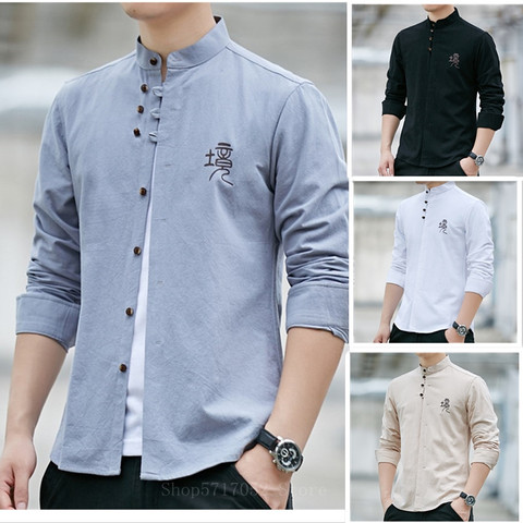 Men's Shirt Solid Long Sleeve Cotton Linen Shirts Autumn Casual Stand  Collar Buttoned Cardigan Tops Loose Shirt Men Streetwear - AliExpress