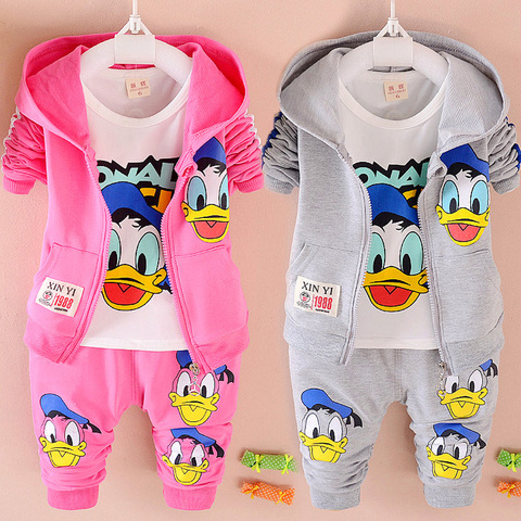 New Donald Duck Mickey Baby Boy Clothing Set Kid Girl Autumn Long Sleeve T Shirt+Pants+Coat 3 Pcs Suit Children Sport Tracksuits ► Photo 1/6