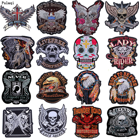 Pulaqi Punk Big Skull Motorcycle Iron On Embroidered Patches Stripes For Clothes  Rock Biker Hippie Patches Applique Back Jacket ► Photo 1/6
