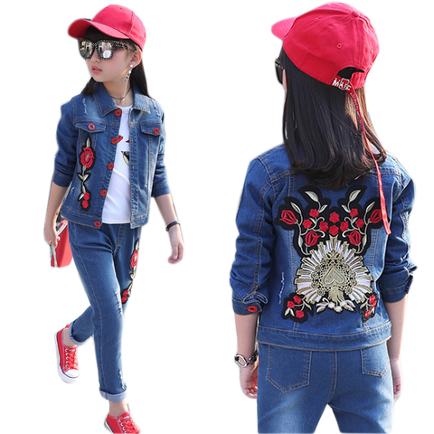 New Baby Girl Clothes 10 12 14 Years Girls Clothing Set  Denim Jacket + Jeans 2pcs Flower  Girl Suit Cotton Casual Girls Outfits ► Photo 1/6