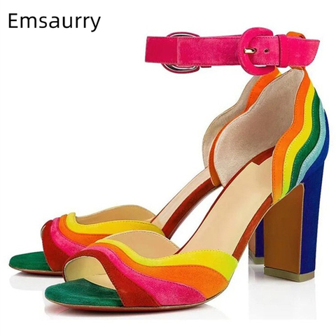 2022 Colorful Sandals Women Peep Toe Sexy Slim Shallow Party Shoes Chunky Square High Heel Walking Footwear Rainbow Sandalias ► Photo 1/6