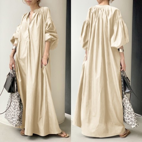 Elegant Solid Shirt Dress Women's Spring Sundress 2022 ZANZEA Casual Lantern Sleeve Maxi Vestidos Female V Neck Robe Plus Size ► Photo 1/6