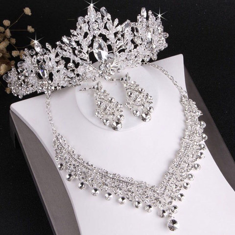 KMVEXO Luxury Heart Crystal Bridal Jewelry Sets Wedding Rhinestone Crown Tiara Earrings Choker Necklace African Bead Jewelry Set ► Photo 1/6