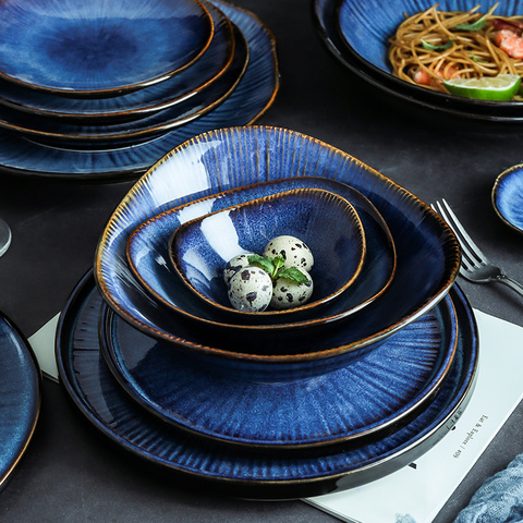 KINGLANG New Klin Glaze Blue Color Ceramic Tableware Wholesale Flat Plate Deep Steak Dish Breakfast Dinner Plate Big Bowl ► Photo 1/3