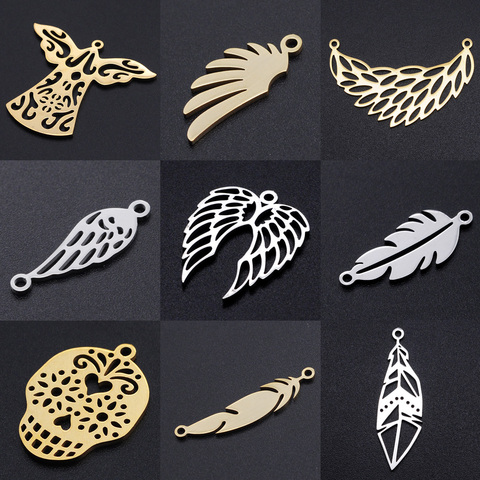 5pcs/lot Angel Wing DIY Charms Wholesale 100% Stainless Steel Feather Connectors Charm Angels Hamsa Hand Skull Jewelry Pendant ► Photo 1/6